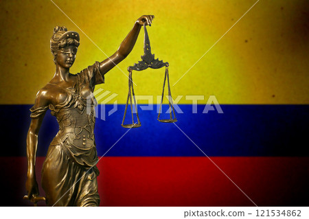 Lady Justice before a flag of Colombia 121534862