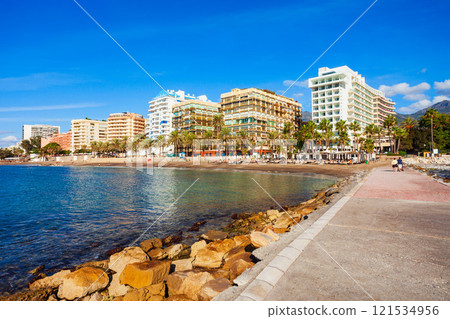 Marbella city beach panoramic view in Spain 121534956