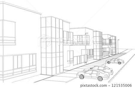The contour of the street with houses and cars from black lines isolated on a white background. Perspective view. Vector illustration. 121535006
