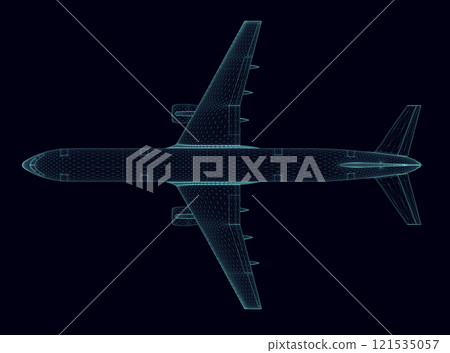 Passenger aircraft wireframe from blue lines isolated on a dark background. View from above. 3D. Vector illustration. 121535057