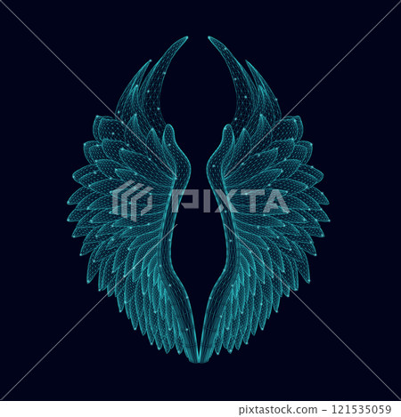 Wireframe of angel wings with glowing lights from blue lines isolated on a dark background. 3D. Vector illustration. 121535059