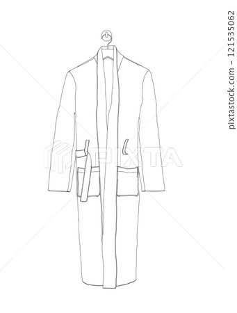 Outline of a bathrobe hanging on a hanger from black lines isolated on a white background. Front view. Vector illustration. 121535062