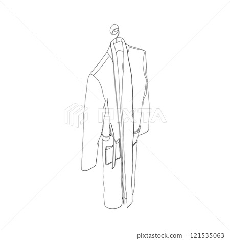 Outline of a bathrobe hanging on a hanger from black lines isolated on a white background. Isometric view. Vector illustration. 121535063