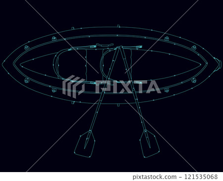 Outline of a boat with oars with glowing lights from blue lines isolated on a dark background. View from above. Vector illustration. 121535068