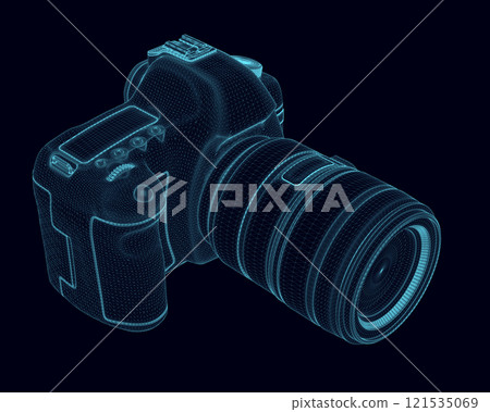 Wireframe of a professional camera made of blue lines isolated on a dark background. Isometric view. 3D. Vector illustration. 121535069