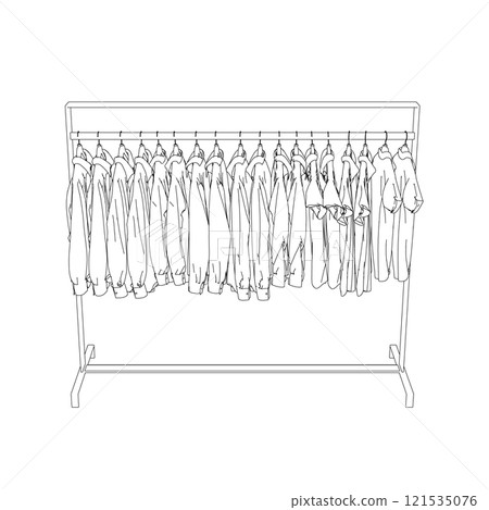 Outline of clothes hanging on a hanger from black lines isolated on a white background. A set of clothes in the store. Front view. Vector illustration. Outline of clothes hanging on a hanger from black lines isolated on a white background. A set of clothes in the store. Front view. Vector illustration. 121535076