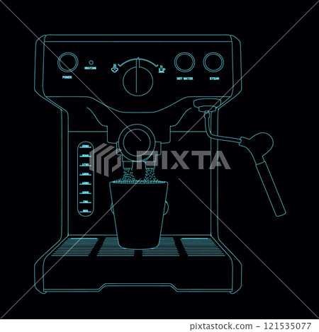 Outline of a coffee machine with glowing lights from blue lines isolated on a dark background. Front view. Vector illustration. 121535077