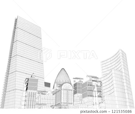 Wireframe of a detailed city with skyscrapers from black lines isolated on a white background. 3D. Vector illustration. 121535086