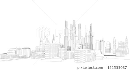 Background with the outline of a futuristic city from black lines isolated on a white background. Vector illustration. 121535087