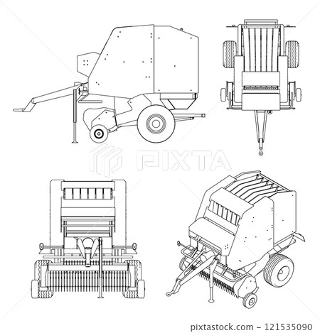 Set with contours of harvesting equipment from black lines isolated on white background. Trailer for harvesting machine. Top view, isometric, front, side. Vector illustration. Set with contours of harvesting equipment from black lines isolated on white background. Trailer for harvesting machine. Top view, isometric, front, side. Vector illustration. 121535090