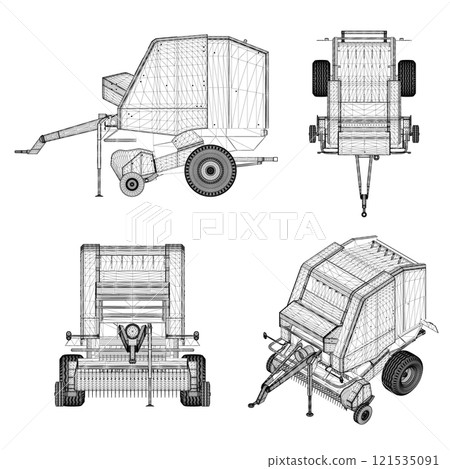 Set with wireframes of harvesting equipment from black lines isolated on white background. Trailer for harvesting machine. Top view, isometric, front, side. 3D. Vector illustration. Set with wireframes of harvesting equipment from black lines isolated on white background. Trailer for harvesting machine. Top view, isometric, front, side. 3D. Vector illustration. 121535091