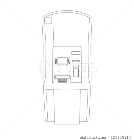 Outline of an ATM from black lines isolated on a white background. Front view. Vector illustration. Outline of an ATM from black lines isolated on a white background. Front view. Vector illustration. 121535113