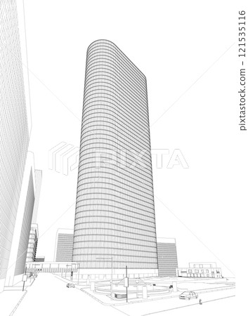 Outline of the city with skyscrapers, streets and cars from black lines isolated on a white background. 3D. Vector illustration. 121535116