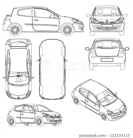 Set with the contours of a passenger car from different types of black lines isolated on a white background. Isometric view, side, front, back, bottom. Vector illustration. Set with the contours of a passenger car from different types of black lines isolated on a white background. Isometric view, side, front, back, bottom. Vector illustration. 121535117