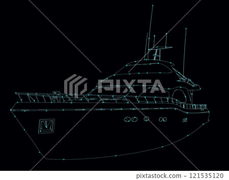 Outline of a private yacht from blue lines isolated on a dark background. Vector illustration. 121535120