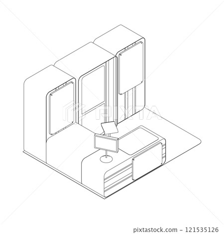 Outline of the reception desk from black lines isolated on a white background. Isometric view. Vector illustration. 121535126
