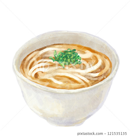 Illustration of a simple warm udon noodle dish topped with green onions Illustration of a simple warm udon noodle dish topped with green onions 121535135