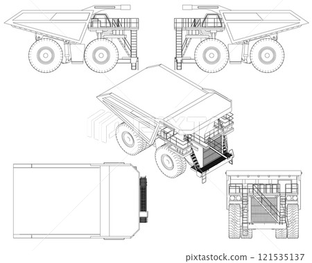 Set with contours of a large truck from black lines isolated on a white background. Isometric view, side, front, top. Vector illustration. 121535137