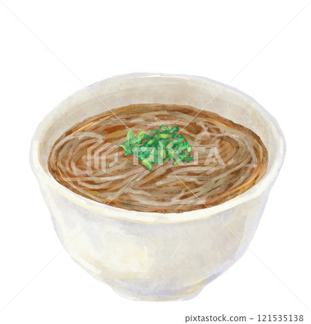 A simple illustration of hot soba noodles topped with green onions 121535138