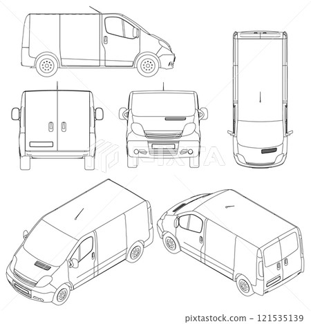 Set with outlines of a van from black lines isolated on a white background. Front view, isometric. side, top, back. Vector illustration. 121535139
