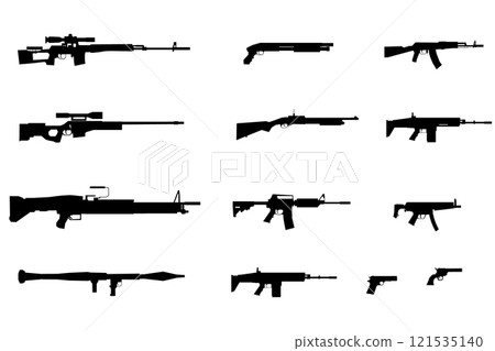 Set with silhouettes of various weapons isolated on white background. Vector illustration. 121535140