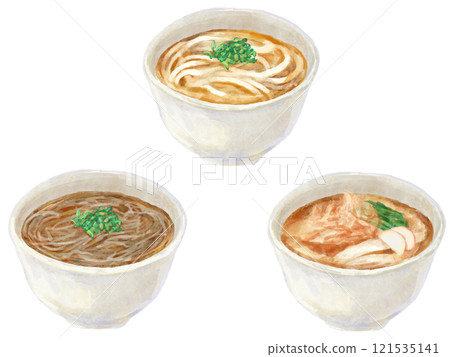 Simple illustrations of classic Japanese noodles (soba, udon, kishimen) 121535141
