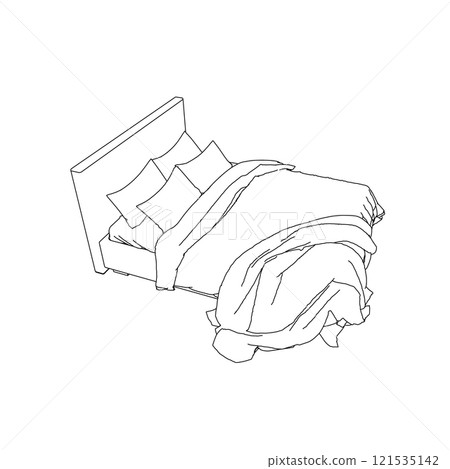 Outline of a sleeping bed with an unmade blanket and pillows from black lines isolated on a white background. Isometric view. Vector illustration. Outline of a sleeping bed with an unmade blanket and pillows from black lines isolated on a white background. Isometric view. Vector illustration. 121535142
