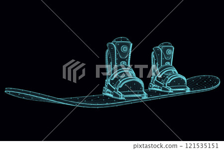 Snowboard wireframe with boots from blue lines isolated on dark background. 3D. Vector illustration. Snowboard wireframe with boots from blue lines isolated on dark background. 3D. Vector illustration. 121535151
