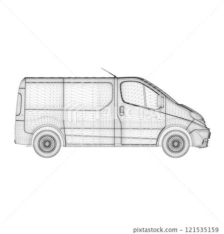 Van wireframe from black lines isolated on white background. Side view. 3D. Vector illustration. 121535159