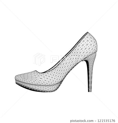 Wireframe of women's high-heeled shoes from black lines isolated on white background. Side view. 3D. Vector illustration. Wireframe of women's high-heeled shoes from black lines isolated on white background. Side view. 3D. Vector illustration. 121535176