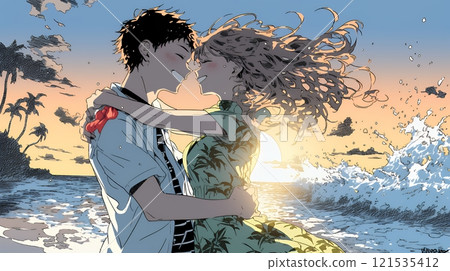 晚上在海灘擁抱的年輕戀人 121535412