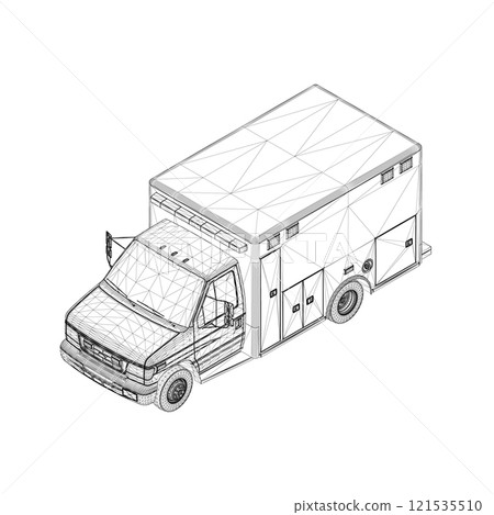 Ambulance car wireframe from black lines isolated on white background. Isometric view. 3D. Vector illustration. 121535510
