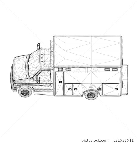 Ambulance car wireframe from black lines isolated on white background. Isometric view. 3D. Vector illustration. 121535511