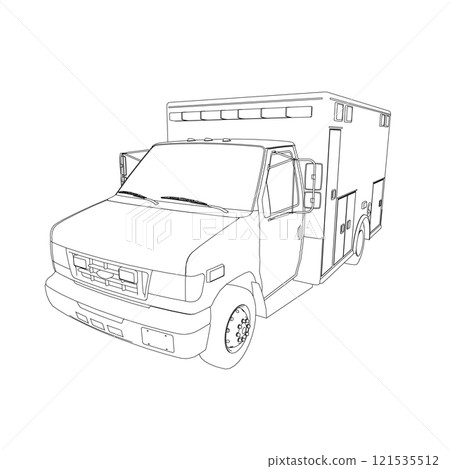 Ambulance car outline from black lines isolated on white background. Perspective view. 3D. Vector illustration. 121535512
