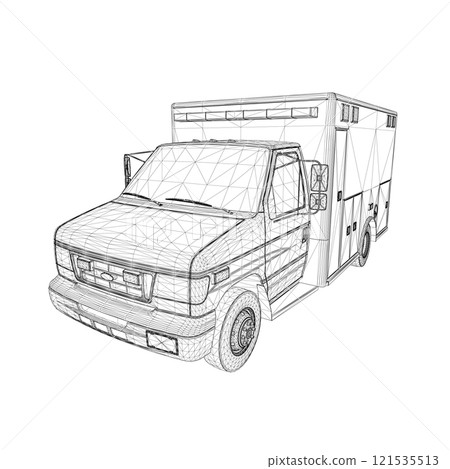 Ambulance car wireframe from black lines isolated on white background. Perspective view. 3D. Vector illustration. 121535513