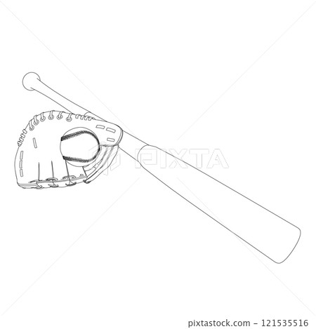 Outline of a baseball bat with a ball and a glove for catching balls from black lines isolated on a white background. Perspective view. Vector illustration. 121535516