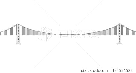 Outline of a large detailed bridge with lanterns. Side view. 3D. Vector illustration. 121535525