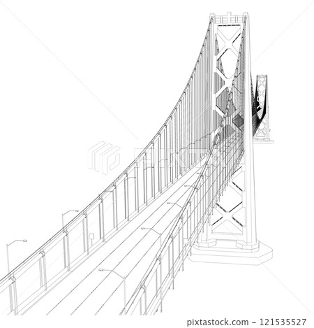 Outline of a large detailed bridge with lanterns. Perspective view. 3D. Vector illustration. Outline of a large detailed bridge with lanterns. Perspective view. 3D. Vector illustration. 121535527