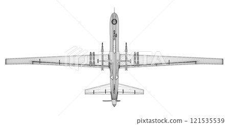 Black lines combat drone wireframe isolated on white background. Bottom view. 3D. Vector illustration. Black lines combat drone wireframe isolated on white background. Bottom view. 3D. Vector illustration. 121535539
