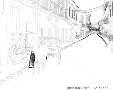 Outline of a medieval street with a horse and cart from black lines isolated on a white background. Perspective view. 3D. Vector illustration. Outline of a medieval street with a horse and cart from black lines isolated on a white background. Perspective view. 3D. Vector illustration. 121535549