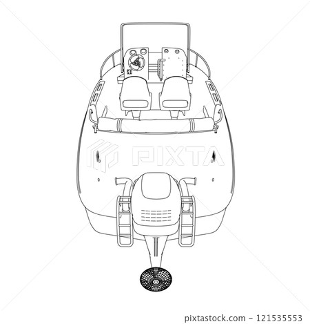 Outline of a motor boat from black lines isolated on a white background. Back view. Vector illustration. 121535553