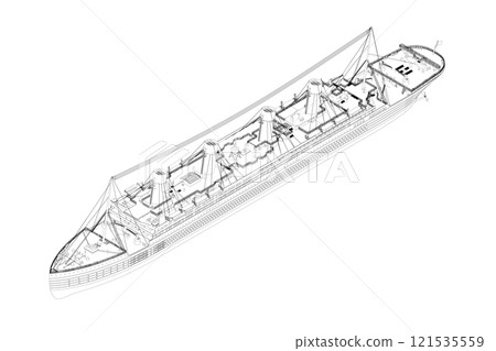 Outline of a large passenger ship from blue lines isolated on a white background. Isometric view. Vector illustration. Outline of a large passenger ship from blue lines isolated on a white background. Isometric view. Vector illustration. 121535559