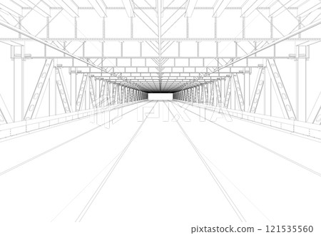 The contour of the road under the bridge from black lines isolated on a white background. Perspective view. 3D. Vector illustration. 121535560