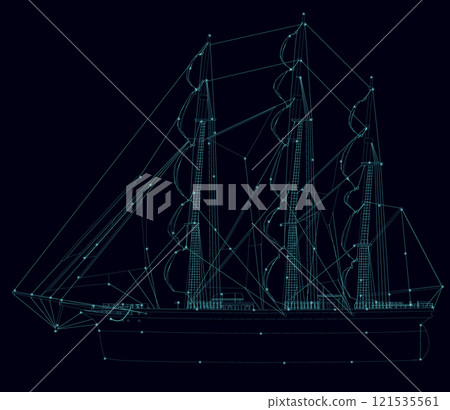 Outline of a detailed sailing ship from blue lines isolated on a dark background. Side view. Vector illustration. Outline of a detailed sailing ship from blue lines isolated on a dark background. Side view. Vector illustration. 121535561