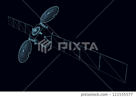 Space satellite wireframe from blue lines isolated on dark background. Perspective view. 3D. Vector illustration. Space satellite wireframe from blue lines isolated on dark background. Perspective view. 3D. Vector illustration. 121535577