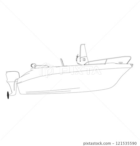 Outline of a water boat from black lines isolated on a white background. Side view. Vector illustration. Outline of a water boat from black lines isolated on a white background. Side view. Vector illustration. 121535590