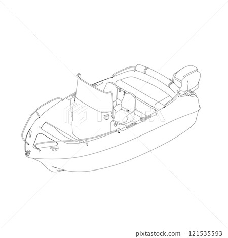 Outline of a water boat from black lines isolated on a white background. Isometric view. Vector illustration. 121535593
