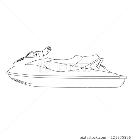 Outline of a water scooter from black lines isolated on a white background. Side view. Vector illustration. Outline of a water scooter from black lines isolated on a white background. Side view. Vector illustration. 121535596