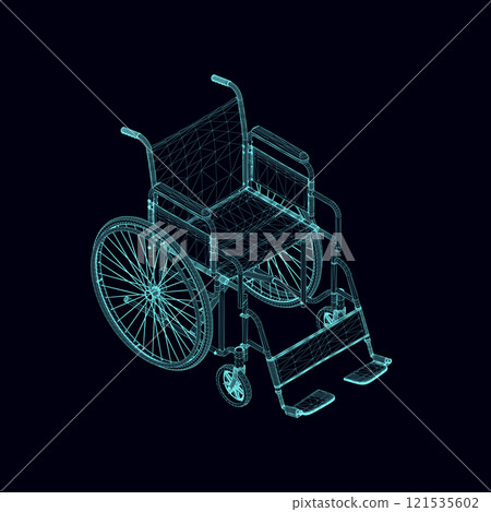 Wheelchair wireframe from blue lines isolated on dark background. Isometric view. 3D. Vector illustration. 121535602