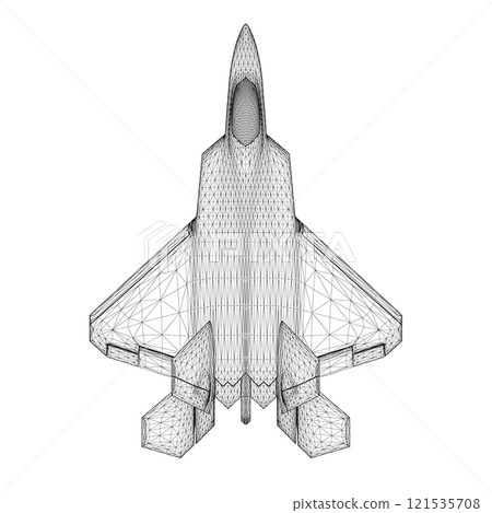 Combat fighter jet wireframe from black lines isolated on white background. View from above. 3D. Vector illustration. 121535708